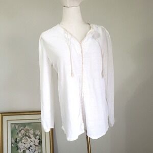 J.McLaughlin White Linen Blend Crochet Trim Tassel Peasant Blouse Medium Cottage